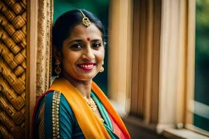 ein Frau im traditionell indisch Kleidung lächelt zum das Kamera. KI-generiert foto
