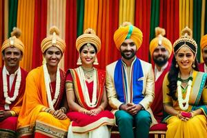 ein Gruppe von Menschen im traditionell indisch Kleidung. KI-generiert foto
