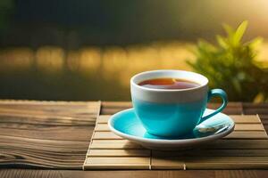 ein Tasse von Tee auf ein hölzern Tisch. KI-generiert foto