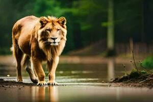 ein Löwe Gehen durch ein nass Wald. KI-generiert foto