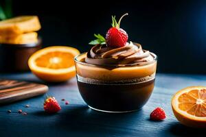 Schokolade Dessert mit Erdbeeren und Orange Scheiben. KI-generiert foto
