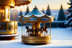 Winter Wunderland, Weihnachten Karussell Musik- Box im Jahrgang Stil, ai generiert foto