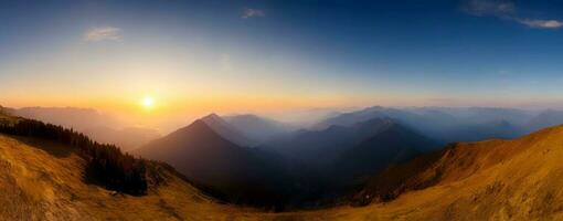 Berg Sonnenuntergang Wunderland, Panorama- Sicht, ai generiert foto