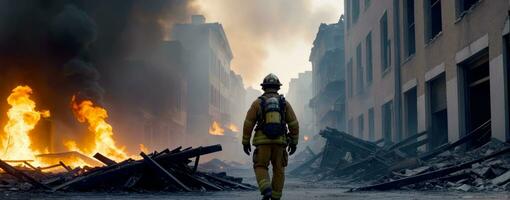 belastbar Retter, Feuerwehrmann im ruiniert Stadt, ai generiert foto