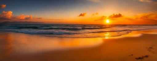 Sonnenuntergang Serenade, tropisch Strand Panorama, ai generiert foto