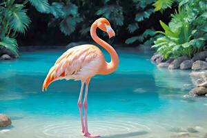Flamingo Anmut, Kristall klar Lagune Barsch, ai generiert foto