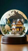 ein Modell- Haus mit ein Globus oben auf symbolisieren global Wohneigentum Vertikale Handy, Mobiltelefon Hintergrund ai generiert foto