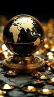 ein kostbar schwarz und Gold Globus gerahmt durch ein Haufen von Gold Münzen Vertikale Handy, Mobiltelefon Hintergrund ai generiert foto