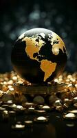 ein kostbar schwarz und Gold Globus gerahmt durch ein Haufen von Gold Münzen Vertikale Handy, Mobiltelefon Hintergrund ai generiert foto