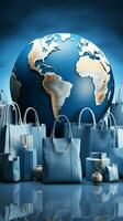 Blau und Weiß Hintergrund mit ein Welt Karte eingekreist durch Einkaufen Taschen Vertikale Handy, Mobiltelefon Hintergrund ai generiert foto