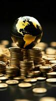 schwarz und Gold Welt Globus eingekreist durch glänzend gestapelt Gold Münzen Vertikale Handy, Mobiltelefon Hintergrund ai generiert foto