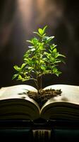 Buch Seiten nähren ein gedeihen Grün Anlage, ein Symbol von Wissen Wachstum Vertikale Handy, Mobiltelefon Hintergrund ai generiert foto