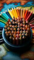 vielfältig Farbtöne von Farbe Bleistifte umgeben ein beschwingt und bunt Globus Vertikale Handy, Mobiltelefon Hintergrund ai generiert foto