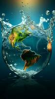 Erde taucht auf wie ein Globus innerhalb transparent Wasser, akzentuiert durch anmutig spritzt Vertikale Handy, Mobiltelefon Hintergrund ai generiert foto