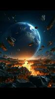 Erden katastrophal 3d Szenario geknackt Boden, Raumschiffe entkommen zu Neu Welten Vertikale Handy, Mobiltelefon Hintergrund ai generiert foto