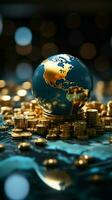kompliziert global Geschäft Konzept Glas Welt Ball, Gold Münzen, und Bank Sparbuch im schließen oben Vertikale Handy, Mobiltelefon Hintergrund ai generiert foto