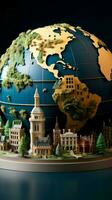 Wunder Papier Stil Erde Globus mit kompliziert, winzig Gebäude Vertikale Handy, Mobiltelefon Hintergrund ai generiert foto