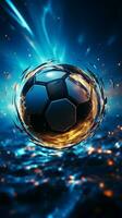 abstrakt Wettbewerb Hintergrund Fußball Ball Grafik auf ein digital entworfen beleuchtet Boden Vertikale Handy, Mobiltelefon Hintergrund ai generiert foto