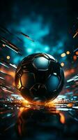 abstrakt Wettbewerb Hintergrund Fußball Ball Grafik auf ein digital entworfen beleuchtet Boden Vertikale Handy, Mobiltelefon Hintergrund ai generiert foto