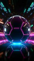 leer Werbung Raum Neon- Fußball Ball Banner zum Sport Wetten Enthusiasten Vertikale Handy, Mobiltelefon Hintergrund ai generiert foto