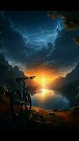 Radfahren zum Freizeit unter das riesig Nacht Himmel, ein still Reise Vertikale Handy, Mobiltelefon Hintergrund ai generiert foto