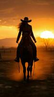 ein zu Pferd Reiten Cowgirls Silhouette gegen das Dämmerung Himmel Vertikale Handy, Mobiltelefon Hintergrund ai generiert foto