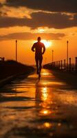 ein Silhouette von ein jung Fitness Enthusiast Joggen gegen ein atemberaubend Sonnenaufgang Vertikale Handy, Mobiltelefon Hintergrund ai generiert foto