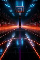 energisch Seite Winkel 3d Rendern offenbart ein Neon- Basketball Felder dynamisch Layout Vertikale Handy, Mobiltelefon Hintergrund ai generiert foto