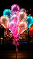 glühend Ballon Neon- Zeichen Beleuchtung oben das Nacht mit spielerisch Brillanz Vertikale Handy, Mobiltelefon Hintergrund ai generiert foto