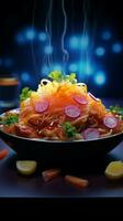 glühend Gastronomie Neon- Licht verbessert das Präsentation von köstlich Geschirr Vertikale Handy, Mobiltelefon Hintergrund ai generiert foto