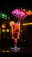 glühend Erfrischung ein Neon- Zeichen zeigt ein Cocktail, Komplett mit ein wenig Regenschirm Vertikale Handy, Mobiltelefon Hintergrund ai generiert foto