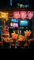 beleuchtet Aromen Essen scheint hell unter das fesselnd glühen von Neon- Vertikale Handy, Mobiltelefon Hintergrund ai generiert foto