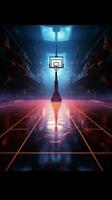 Immersiv virtuell Sport 3d machen von ein Neon- zündete Basketball Felder Seite Aussicht Vertikale Handy, Mobiltelefon Hintergrund ai generiert foto