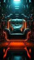 Chiaroscuro Eleganz ein Stuhl im ein dim Zimmer leise gebadet im Neon- Vertikale Handy, Mobiltelefon Hintergrund ai generiert foto