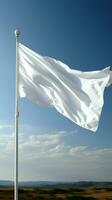 isoliert Weiß Flagge auf ein Fahnenstange, Nahansicht Schuss, flattern im das Wind Vertikale Handy, Mobiltelefon Hintergrund ai generiert foto