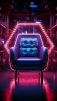 Neon- zündete Ambiente ein Stuhl im ein dim Zimmer leuchtet mit Intrigen Vertikale Handy, Mobiltelefon Hintergrund ai generiert foto