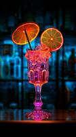Neon- Durst Löscher ein Zeichen leuchtet ein Cocktail garniert mit ein Miniatur Regenschirm Vertikale Handy, Mobiltelefon Hintergrund ai generiert foto