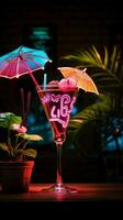 tropisch Stimmung Neon- Zeichen Eigenschaften ein bunt Cocktail geschmückt mit ein winzig Regenschirm Vertikale Handy, Mobiltelefon Hintergrund ai generiert foto