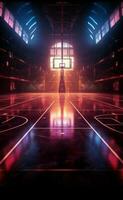 lebendig 3d Sport Arena Neon- zündete Basketball Gericht präsentiert von das Seite Vertikale Handy, Mobiltelefon Hintergrund ai generiert foto