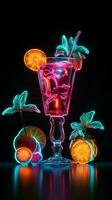 lebendig Trankopfer ein Neon- Zeichen lockt mit ein tropisch Cocktail und Regenschirm Vertikale Handy, Mobiltelefon Hintergrund ai generiert foto