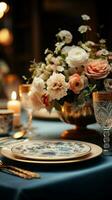 Hochzeit Abendessen Design mit schön Geschirr und traditionell Stil Platz Karten Vertikale Handy, Mobiltelefon Hintergrund ai generiert foto