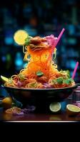 kulinarisch Brillanz im Neon- ein visuell behandeln von beleuchtet und appetitlich Essen Vertikale Handy, Mobiltelefon Hintergrund ai generiert foto