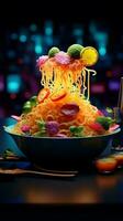 kulinarisch Brillanz im Neon- ein visuell behandeln von beleuchtet und appetitlich Essen Vertikale Handy, Mobiltelefon Hintergrund ai generiert foto