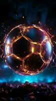 dynamisch Neon- Banner Vitrine Sport Wetten Verdienste mit ein Fußball Ball Thema Vertikale Handy, Mobiltelefon Hintergrund ai generiert foto
