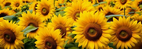 Sonnenblume Feld Panorama, ein beschwingt und atemberaubend natürlich Szene zum Hintergründe ai generiert foto