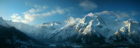 Winter Charme Berge verhüllt im ein schneebedeckt Landschaft von rein Verzauberung ai generiert foto