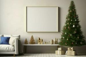 Weihnachten Innere Attrappe, Lehrmodell, Simulation gerahmt gegen ein Sahne Mauer im ein gemütlich Leben Zimmer ai generiert foto