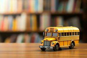 ein Miniatur Schule Bus ruht auf ein hölzern Tisch, symbolisieren Bildung und Transport ai generiert foto