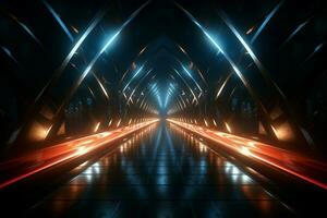 ein 3d Rendern Vitrinen ein dunkel Tunnel beleuchtet durch auffällig glühend Licht ai generiert foto