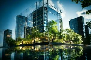 modern Stadtbild rühmt sich ein Öko freundlich Glas Büro Gebäude mit Grün, Kohlenstoff reduzieren Eigenschaften ai generiert foto